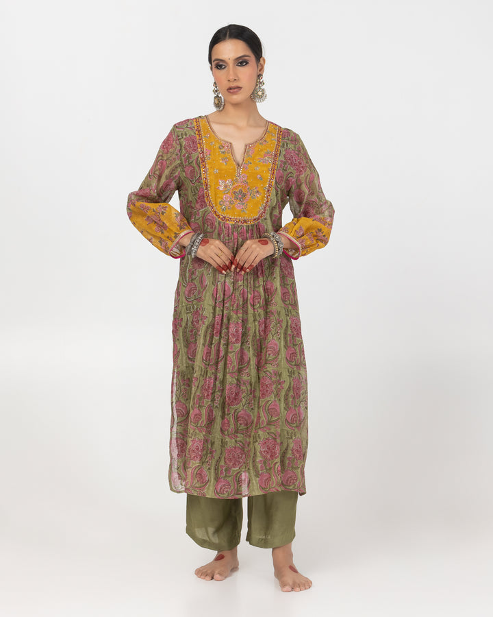 olive green block printed chanderi mull embroidered kurta with cotton silk bottom