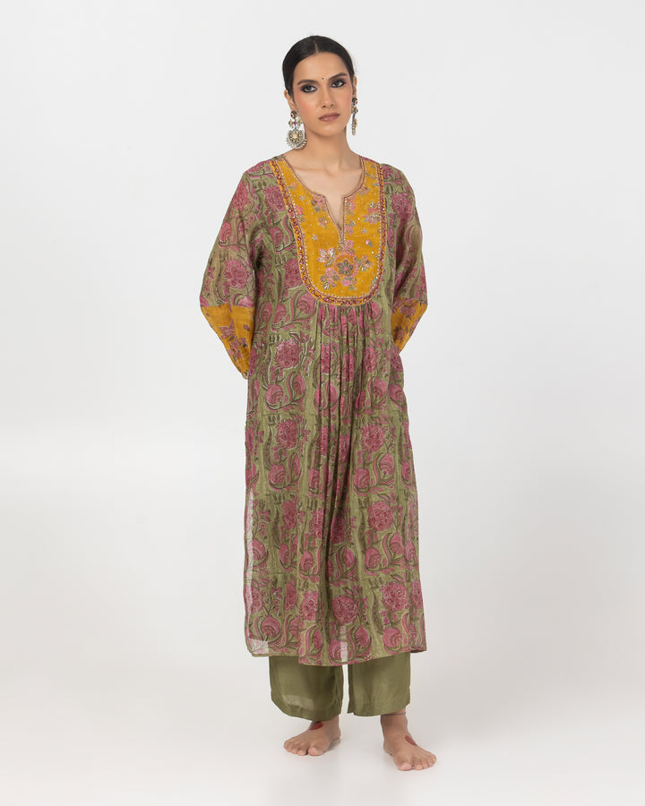 olive green block printed chanderi mull embroidered kurta with cotton silk bottom