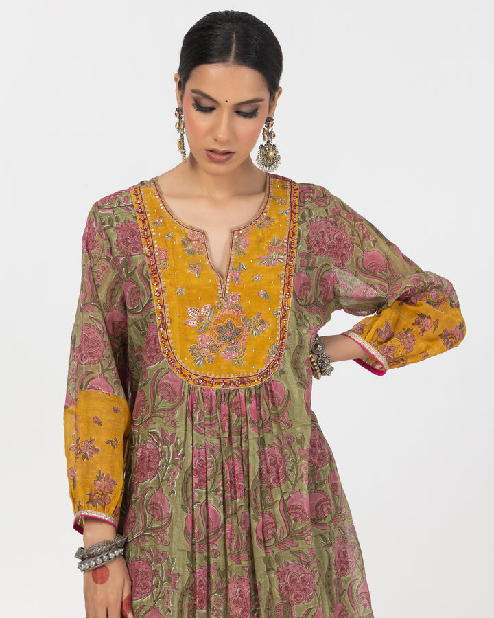 olive green block printed chanderi mull embroidered kurta