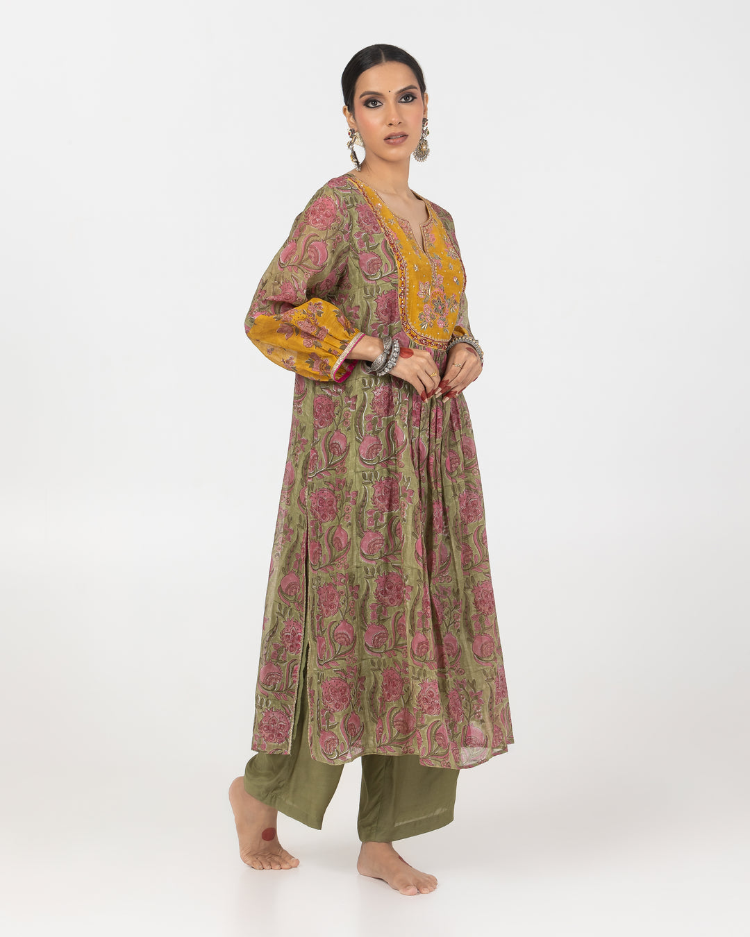 olive green block printed chanderi mull embroidered kurta with cotton silk bottom