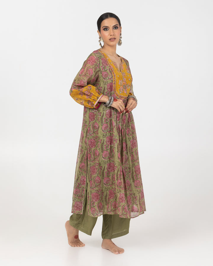 olive green block printed chanderi mull embroidered kurta with cotton silk bottom