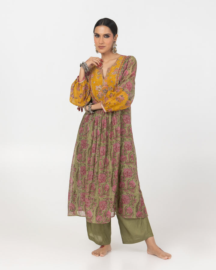 olive green block printed chanderi mull embroidered kurta
