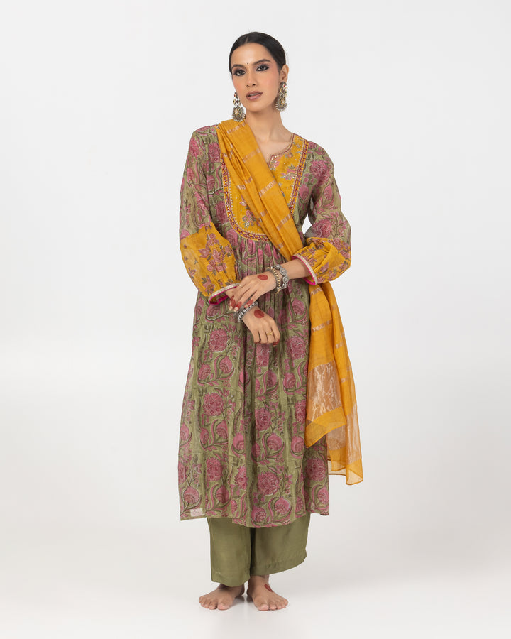 olive green block printed chanderi mull embroidered kurta with cotton silk bottom and zari dupatta