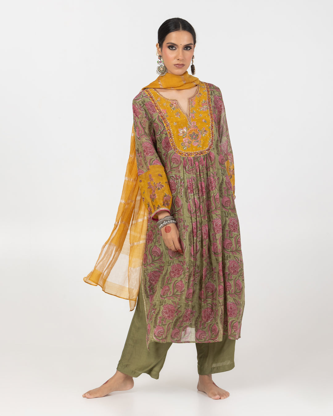 olive green block printed chanderi mull embroidered kurta with cotton silk bottom and zari dupatta