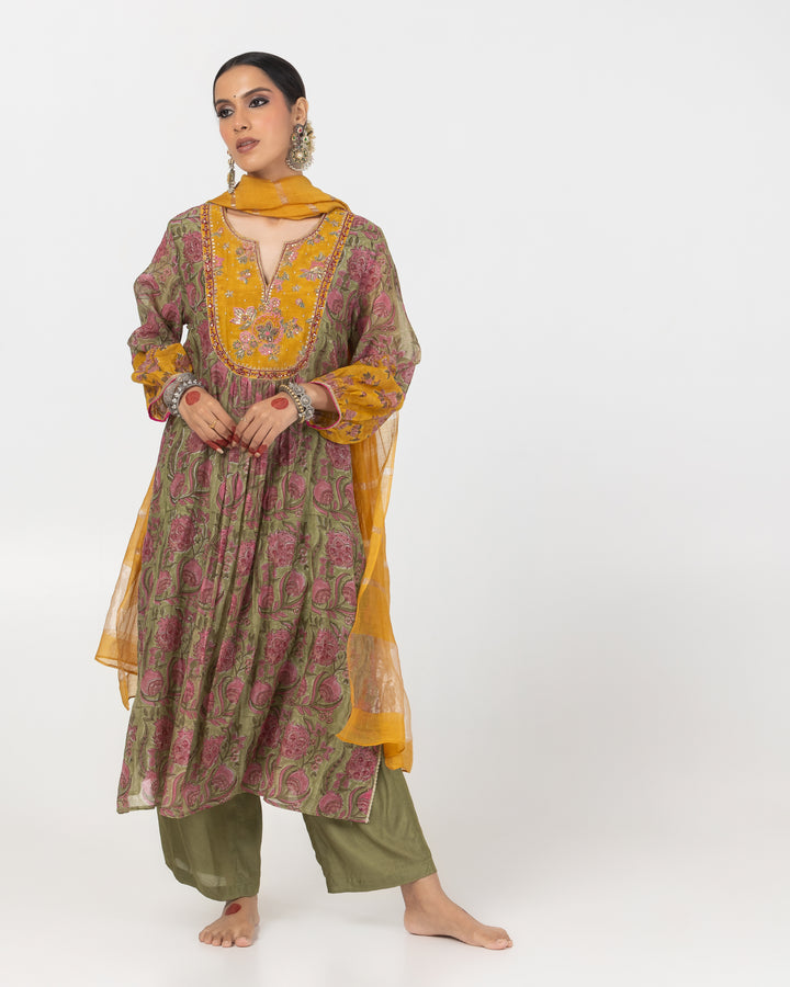 olive green block printed chanderi mull embroidered kurta with cotton silk bottom and zari dupatta