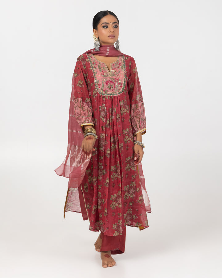 block printed maroon chanderi mull embroidered kurta with cotton silk bottom and zari dupatta