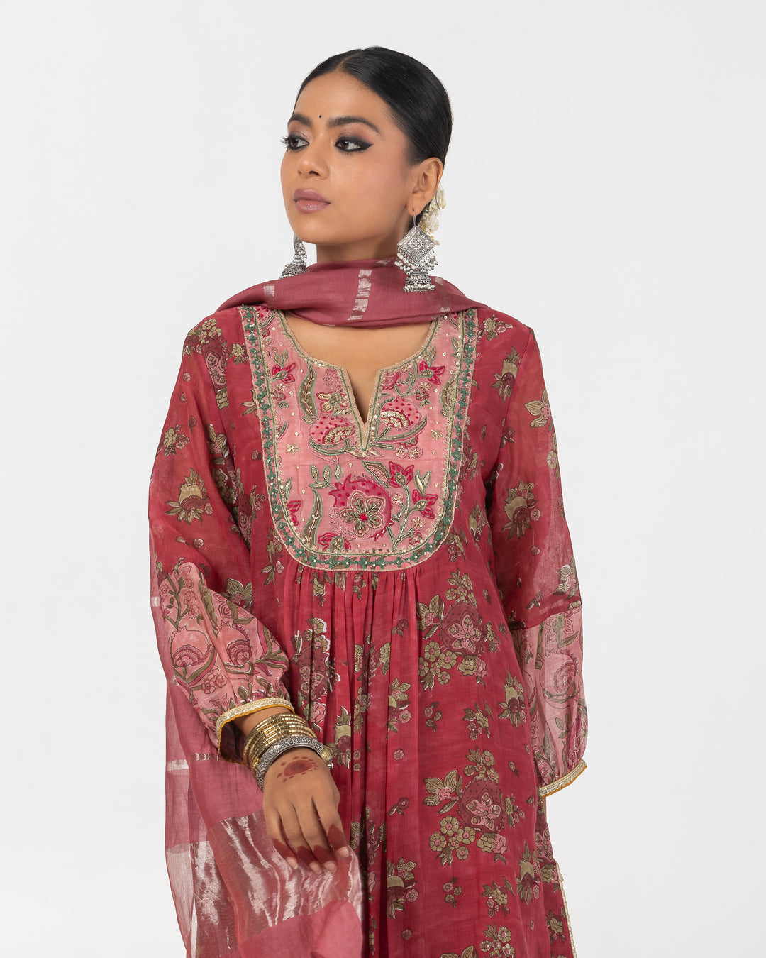 block printed maroon chanderi mull embroidered kurta with cotton silk bottom and zari dupatta