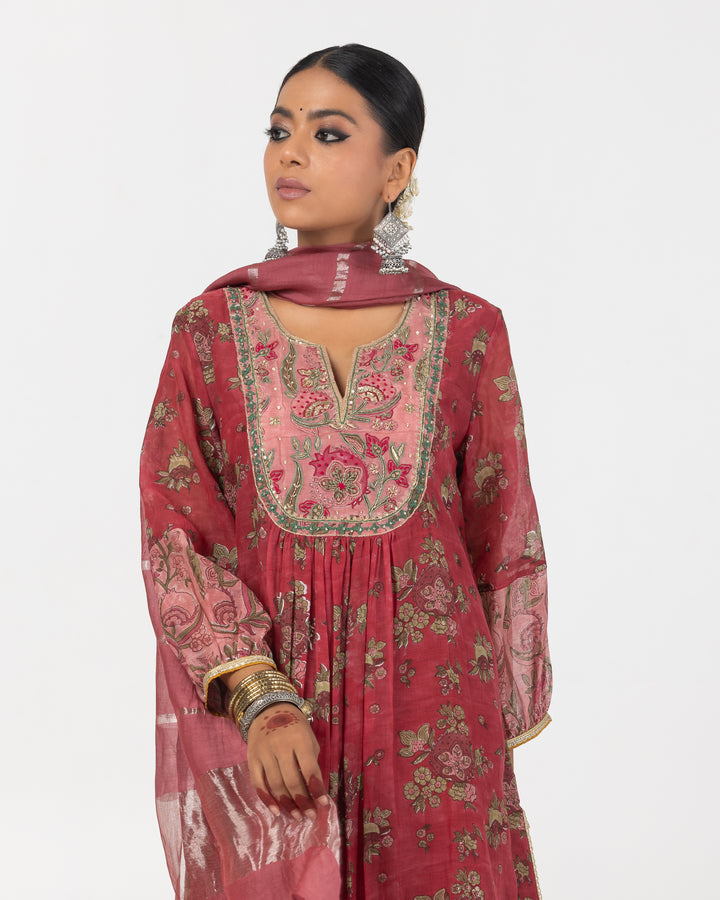 block printed maroon chanderi mull embroidered kurta with cotton silk bottom and zari dupatta