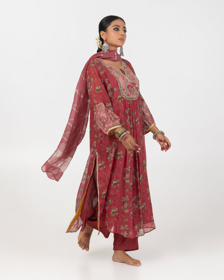block printed maroon chanderi mull embroidered kurta with cotton silk bottom and zari dupatta