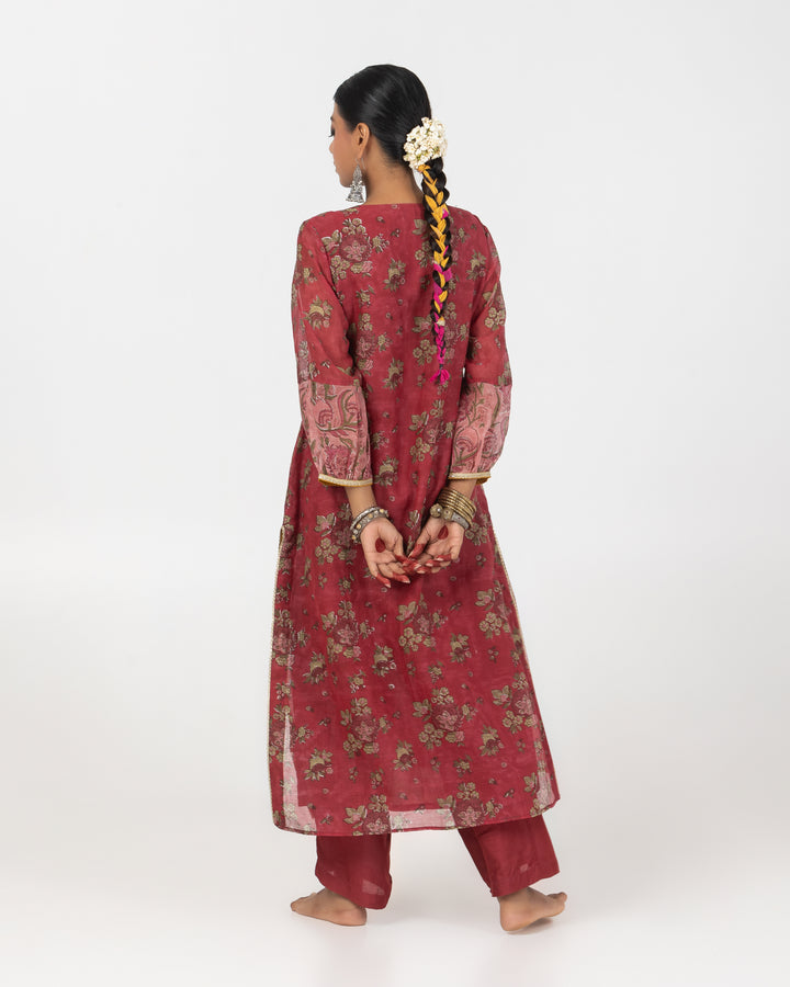 block printed maroon chanderi mull embroidered kurta with cotton silk bottom
