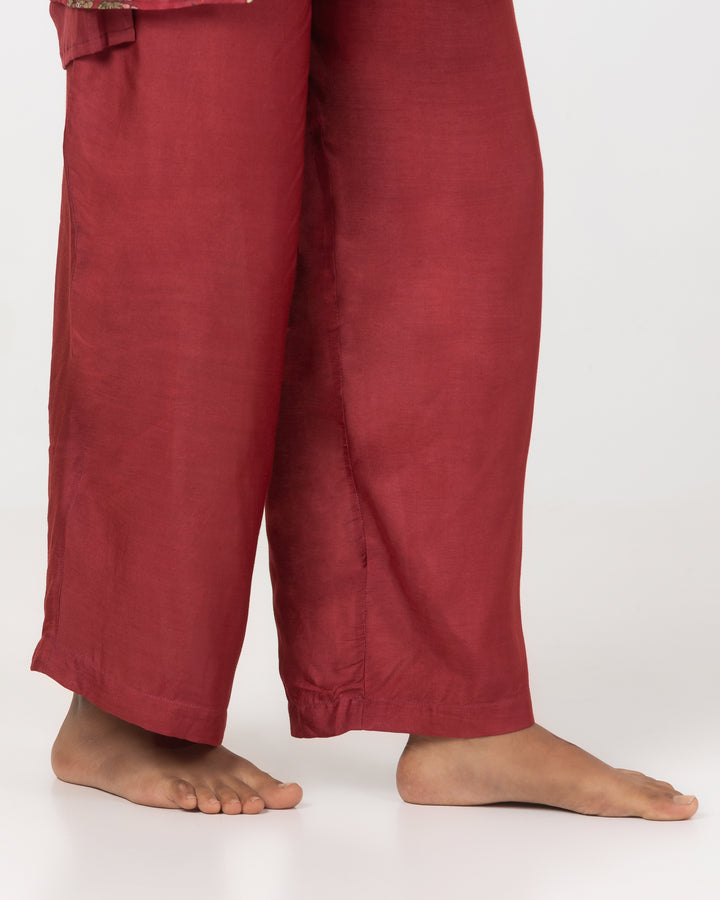block printed maroon chanderi mull embroidered kurta with cotton silk bottom