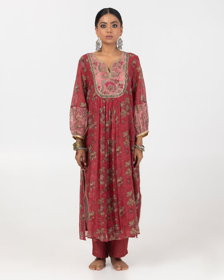 block printed maroon chanderi mull embroidered kurta