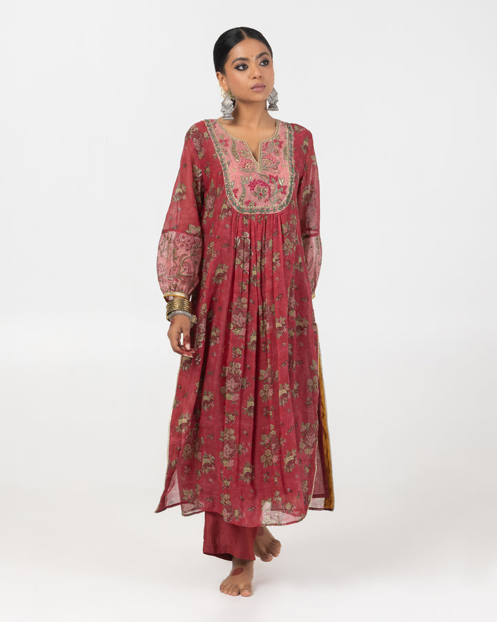 block printed maroon chanderi mull embroidered kurta with cotton silk bottom