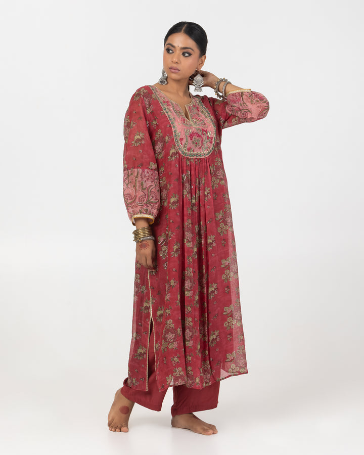 block printed maroon chanderi mull embroidered kurta with cotton silk bottom