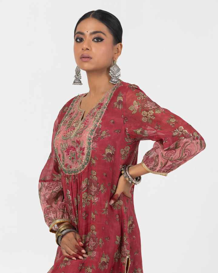 block printed maroon chanderi mull embroidered kurta with cotton silk bottom