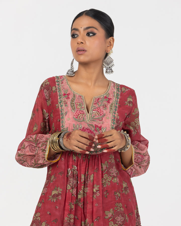 block printed maroon chanderi mull embroidered kurta