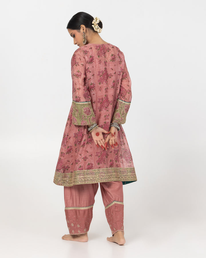 block printed blush pink chanderi mull short kurta with modal silk salwar and chanderi mull dupatta