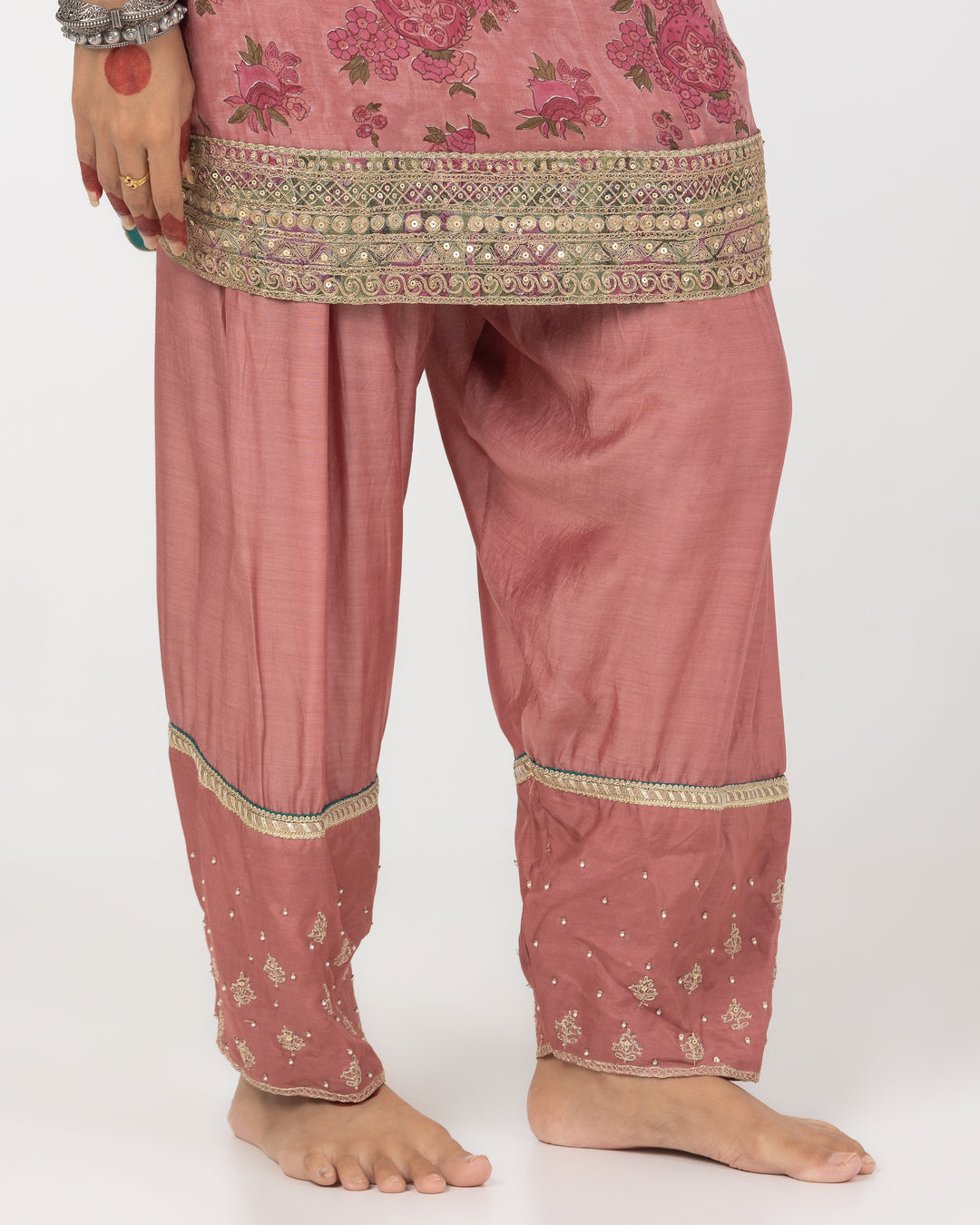 block printed blush pink chanderi mull short kurta with modal silk salwar and chanderi mull dupatta