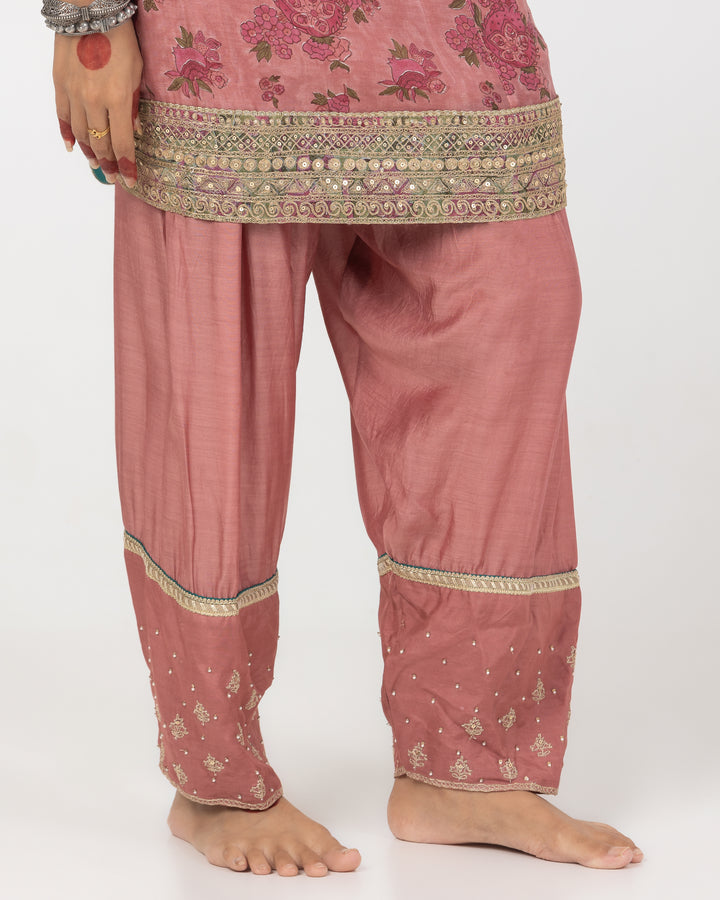 block printed blush pink chanderi mull short kurta with modal silk salwar and chanderi mull dupatta