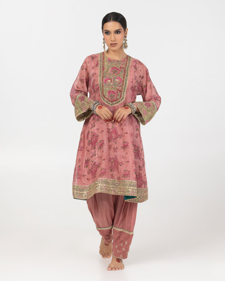 block printed blush pink chanderi mull short kurta with modal silk salwar and chanderi mull dupatta