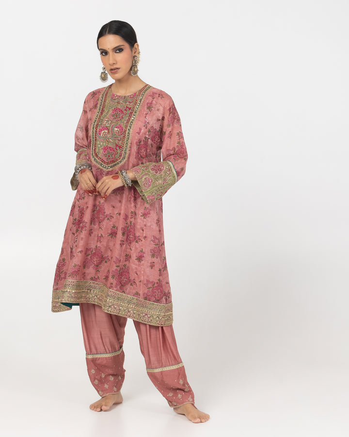 block printed blush pink chanderi mull short kurta with modal silk salwar and chanderi mull dupatta