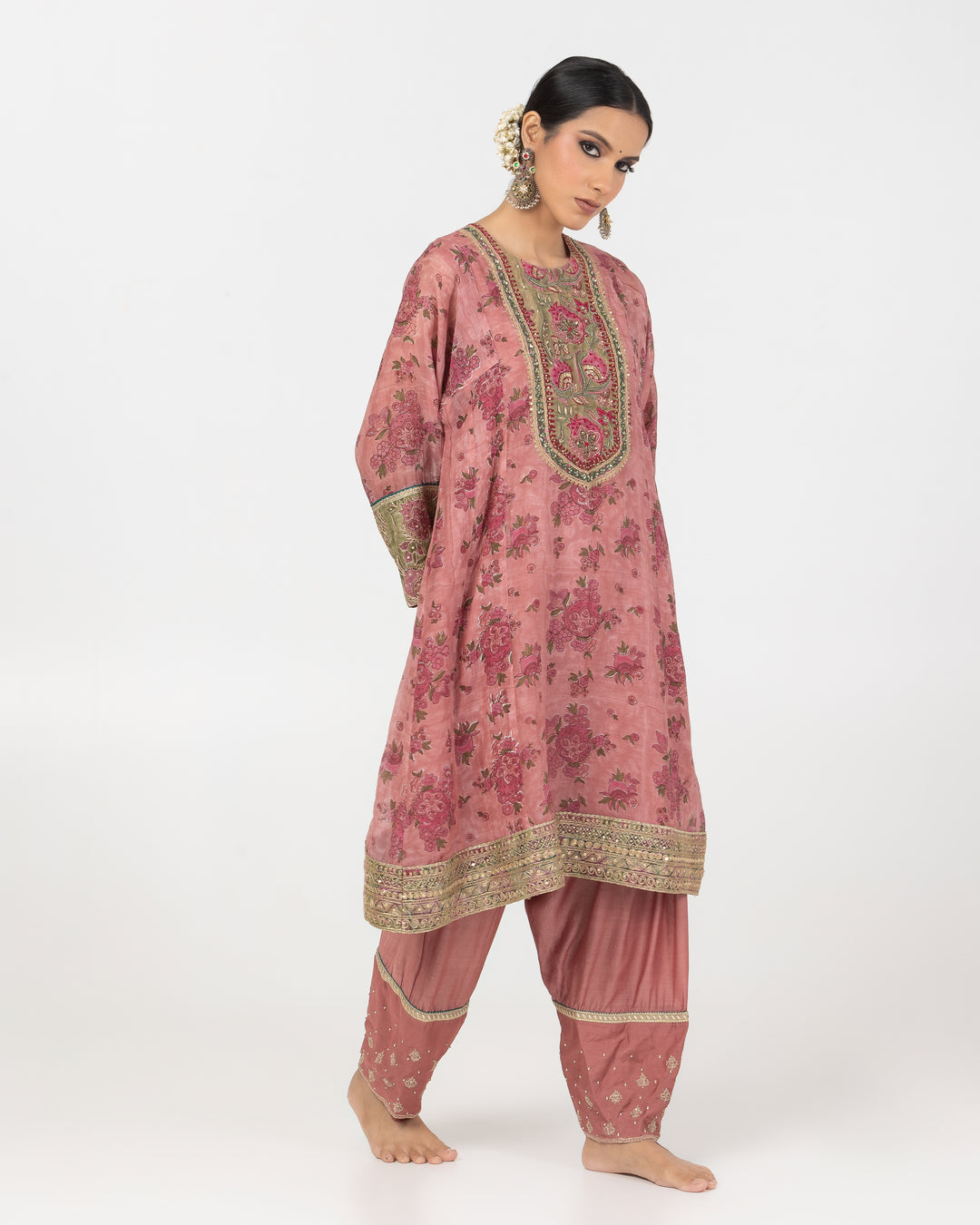 block printed blush pink chanderi mull short kurta with modal silk salwar and chanderi mull dupatta