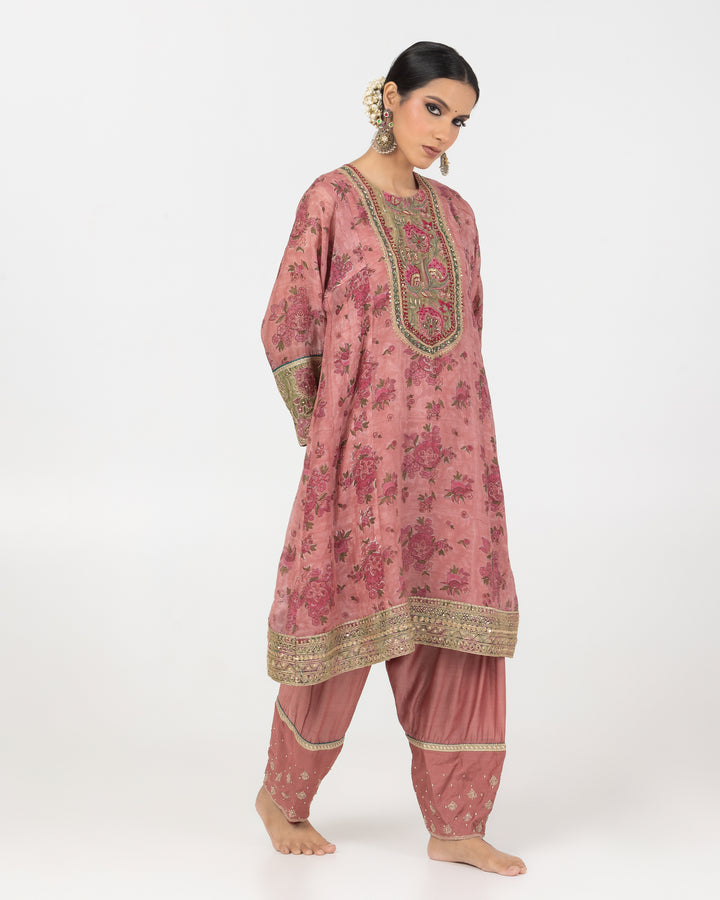 block printed blush pink chanderi mull short kurta with modal silk salwar and chanderi mull dupatta