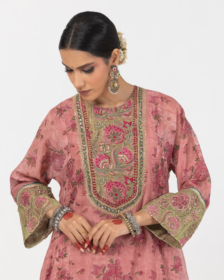 block printed blush pink chanderi mull short kurta with modal silk salwar and chanderi mull dupatta