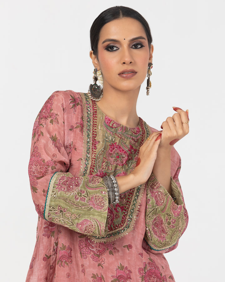 block printed blush pink chanderi mull short kurta with modal silk salwar and chanderi mull dupatta