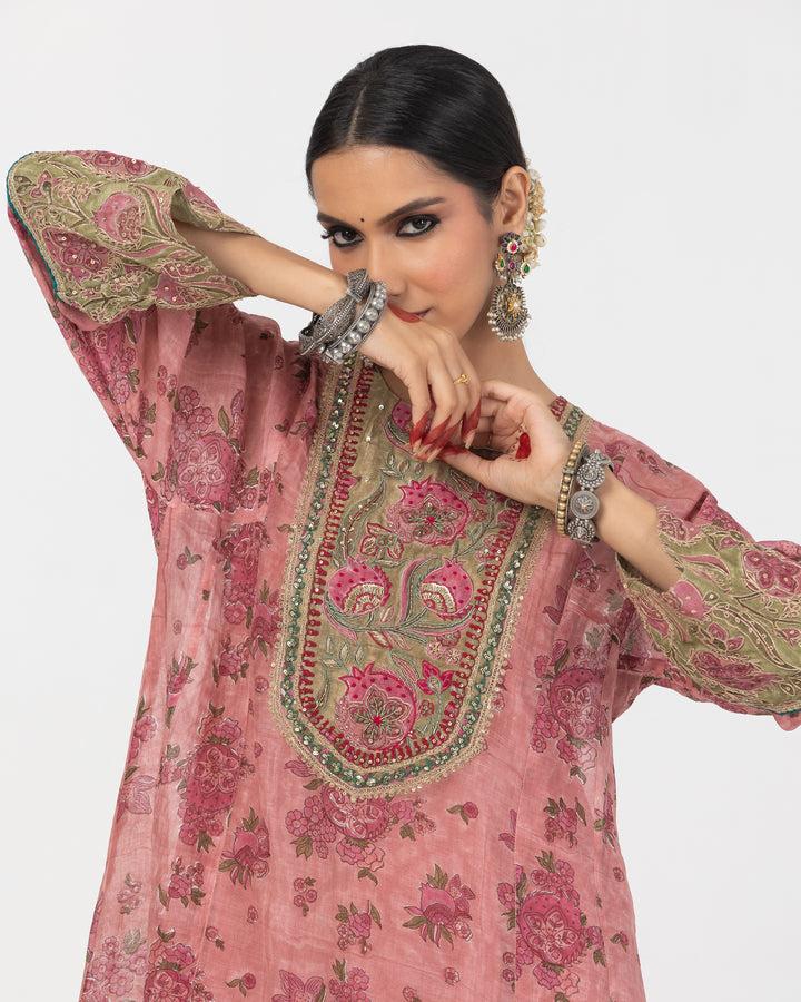 block printed blush pink chanderi mull short kurta with modal silk salwar and chanderi mull dupatta