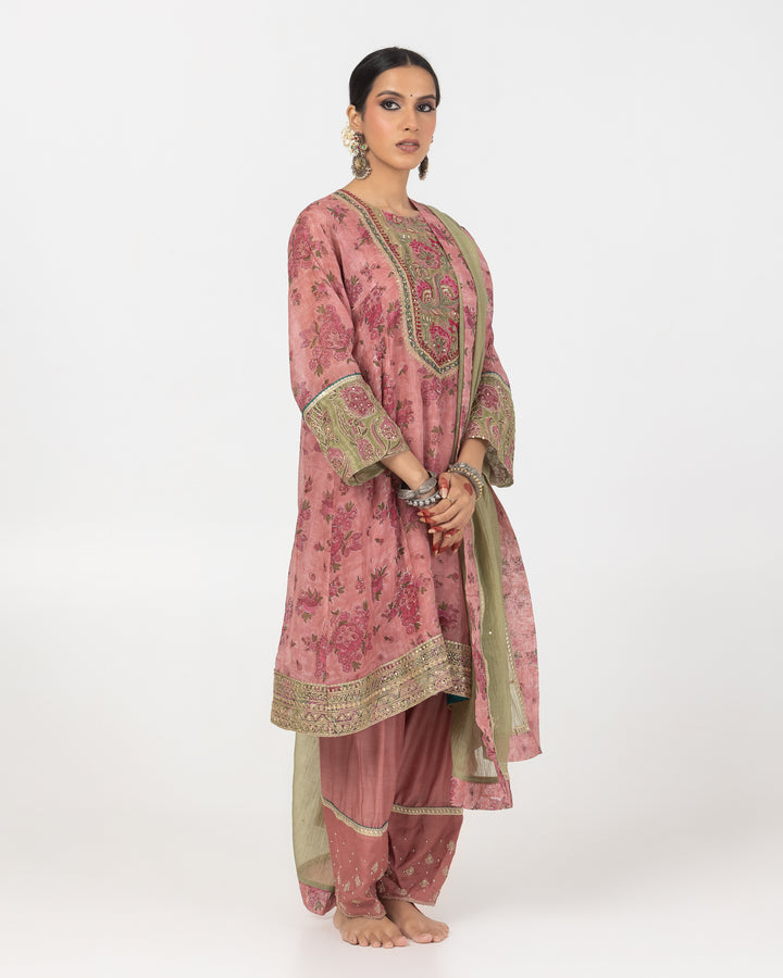 block printed blush pink chanderi mull short kurta with modal silk salwar and chanderi mull dupatta