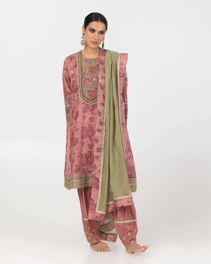 block printed blush pink chanderi mull short kurta with modal silk salwar and chanderi mull dupatta