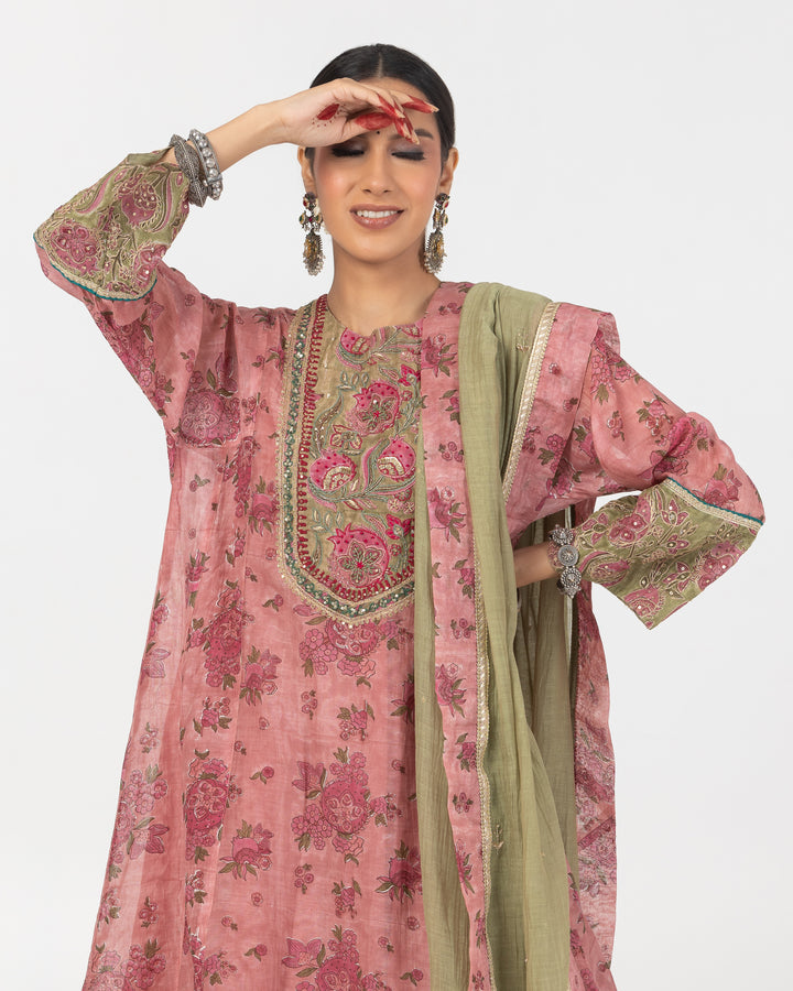 block printed blush pink chanderi mull short kurta with modal silk salwar and chanderi mull dupatta