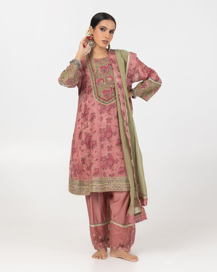 block printed blush pink chanderi mull short kurta with modal silk salwar and chanderi mull dupatta