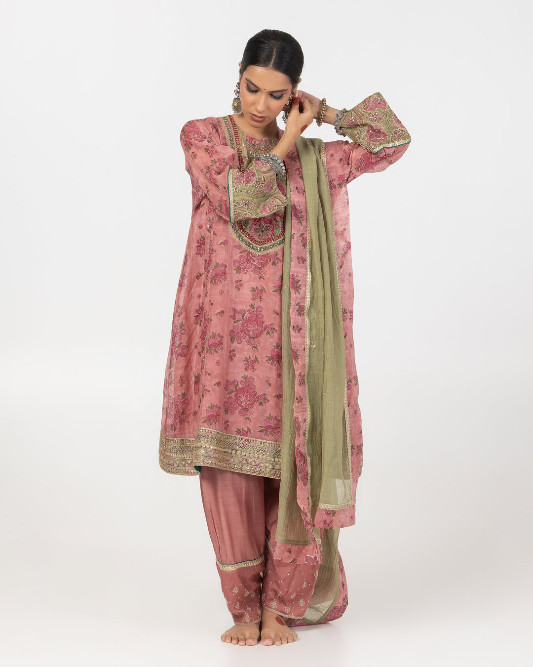 block printed blush pink chanderi mull short kurta with modal silk salwar and chanderi mull dupatta