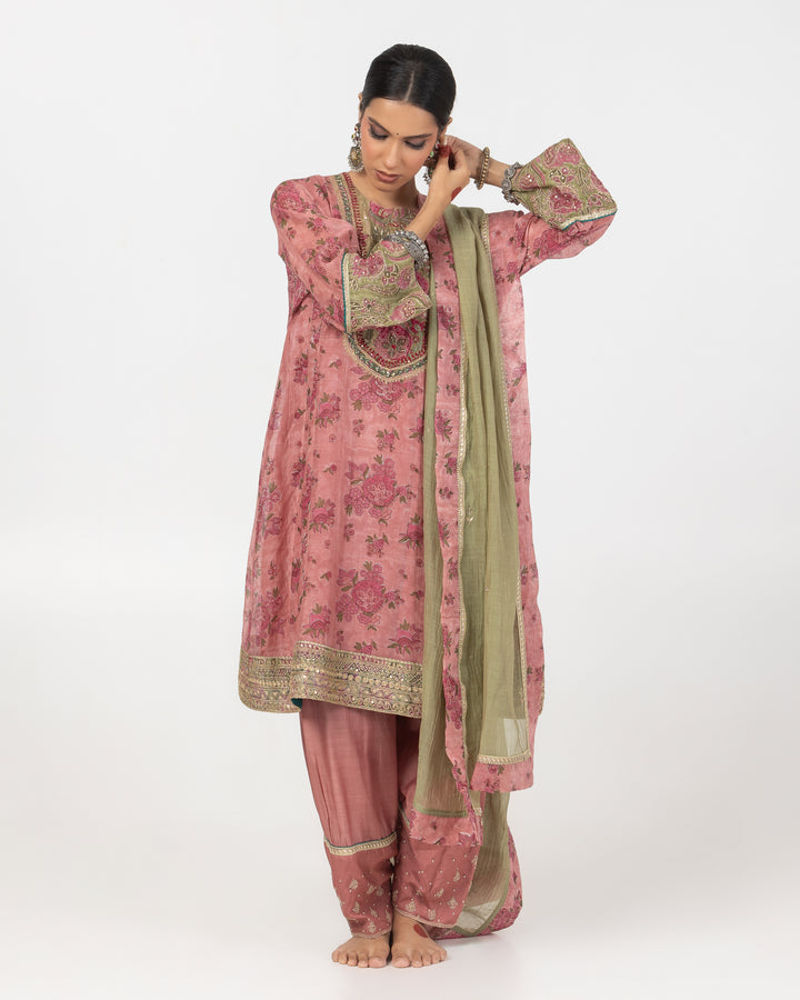 block printed blush pink chanderi mull short kurta with modal silk salwar and chanderi mull dupatta