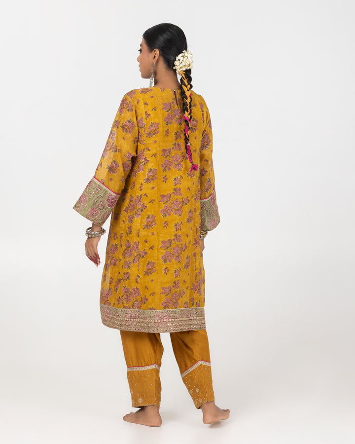 block printed mustard chanderi mull embroidered short kurta with modal silk salwar