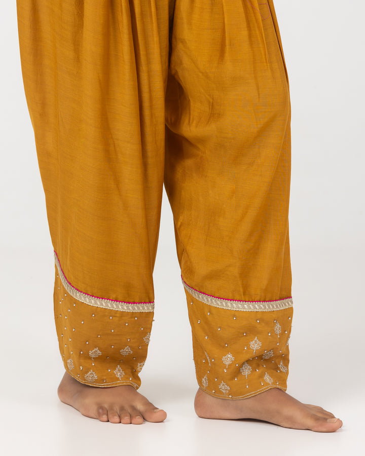 block printed mustard chanderi mull embroidered short kurta with modal silk salwar