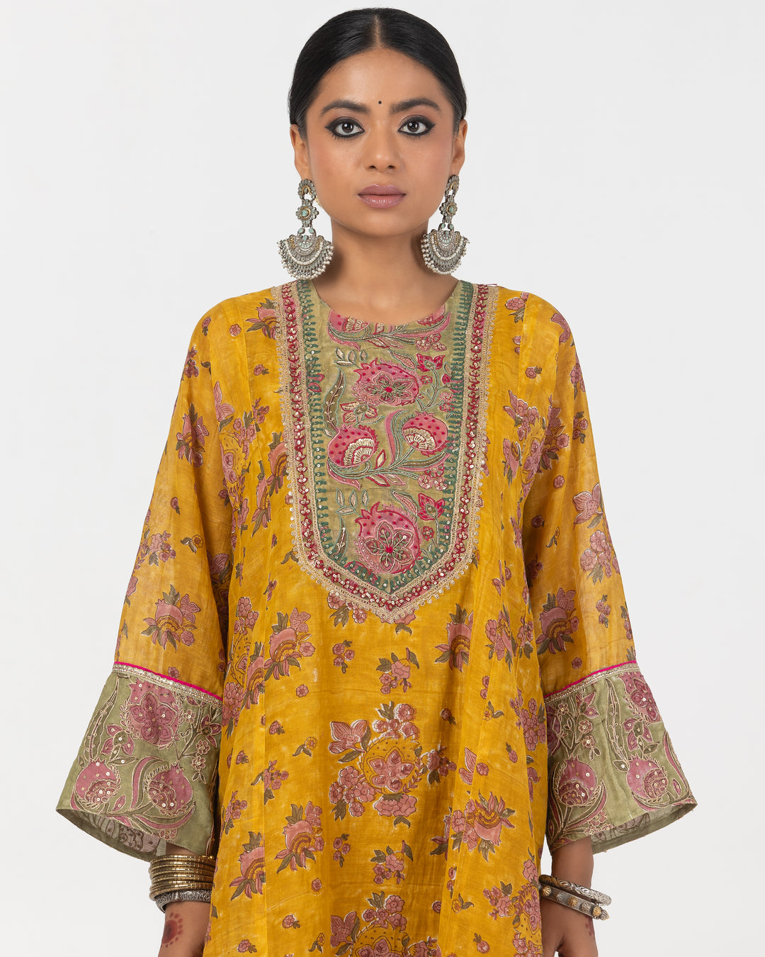 block printed mustard chanderi mull embroidered short kurta with modal silk salwar
