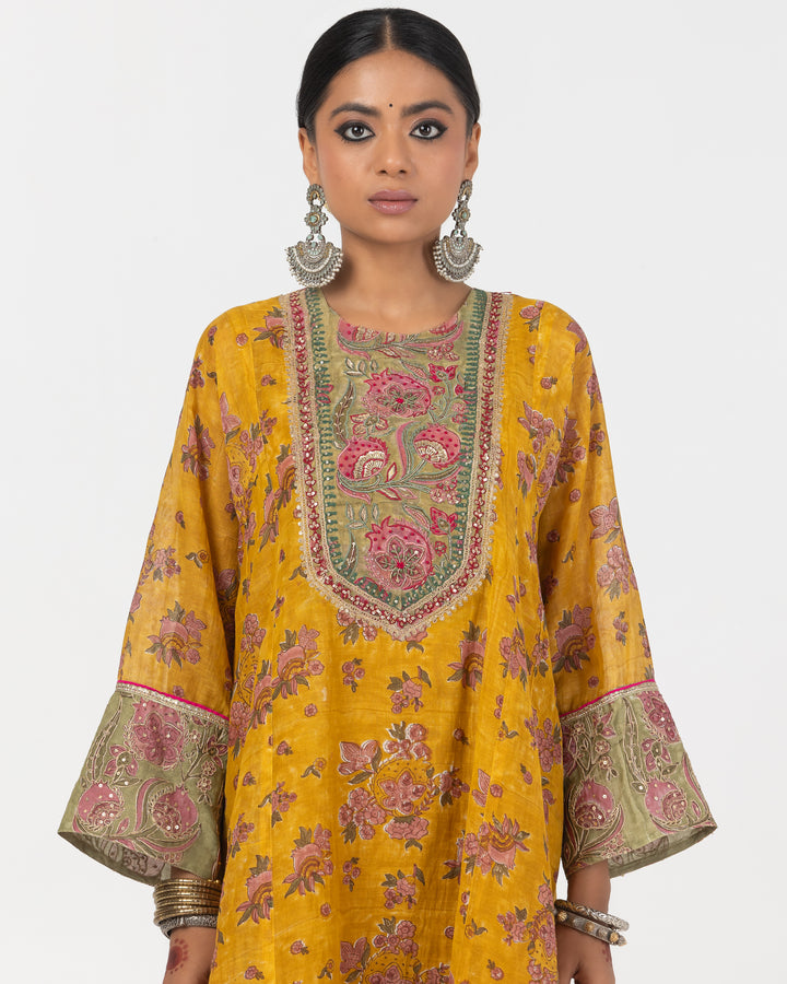 block printed mustard chanderi mull embroidered short kurta with modal silk salwar