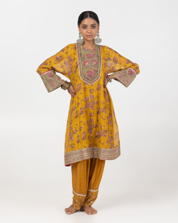 block printed mustard chanderi mull embroidered short kurta with modal silk salwar
