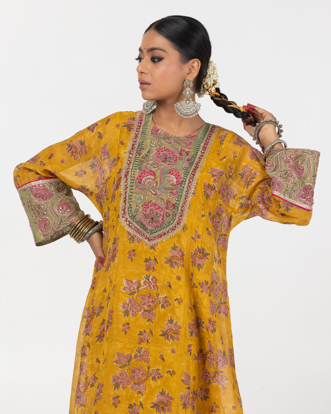 block printed mustard chanderi mull embroidered short kurta with modal silk salwar