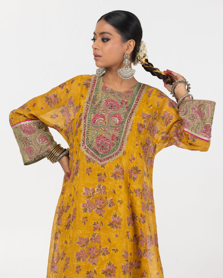 block printed mustard chanderi mull embroidered short kurta with modal silk salwar