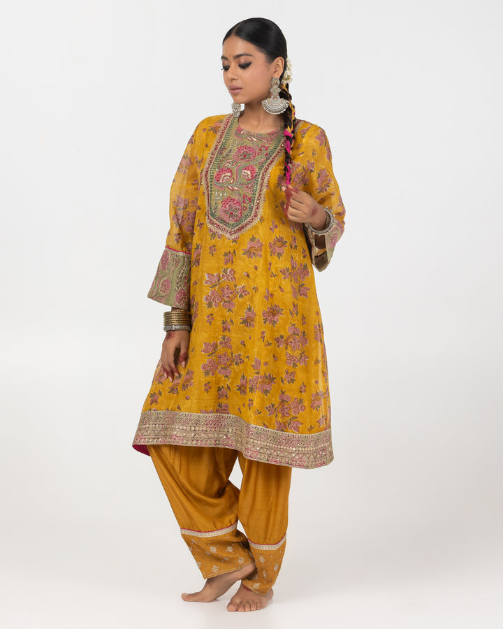 block printed mustard chanderi mull embroidered short kurta with modal silk salwar