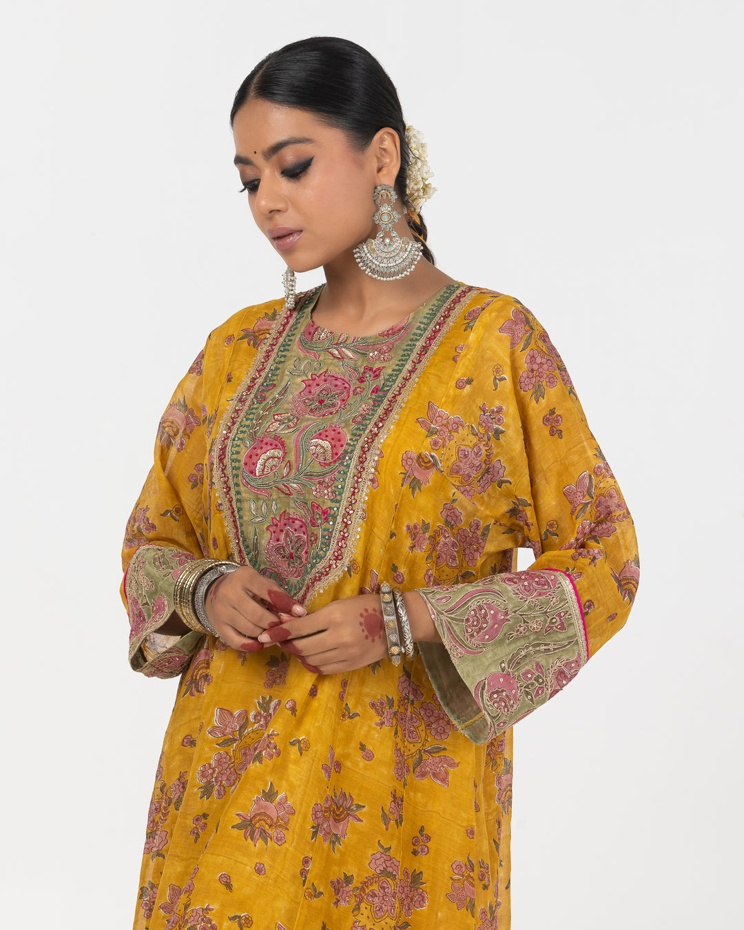 block printed mustard chanderi mull embroidered short kurta with modal silk salwar
