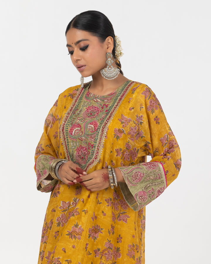 block printed mustard chanderi mull embroidered short kurta with modal silk salwar