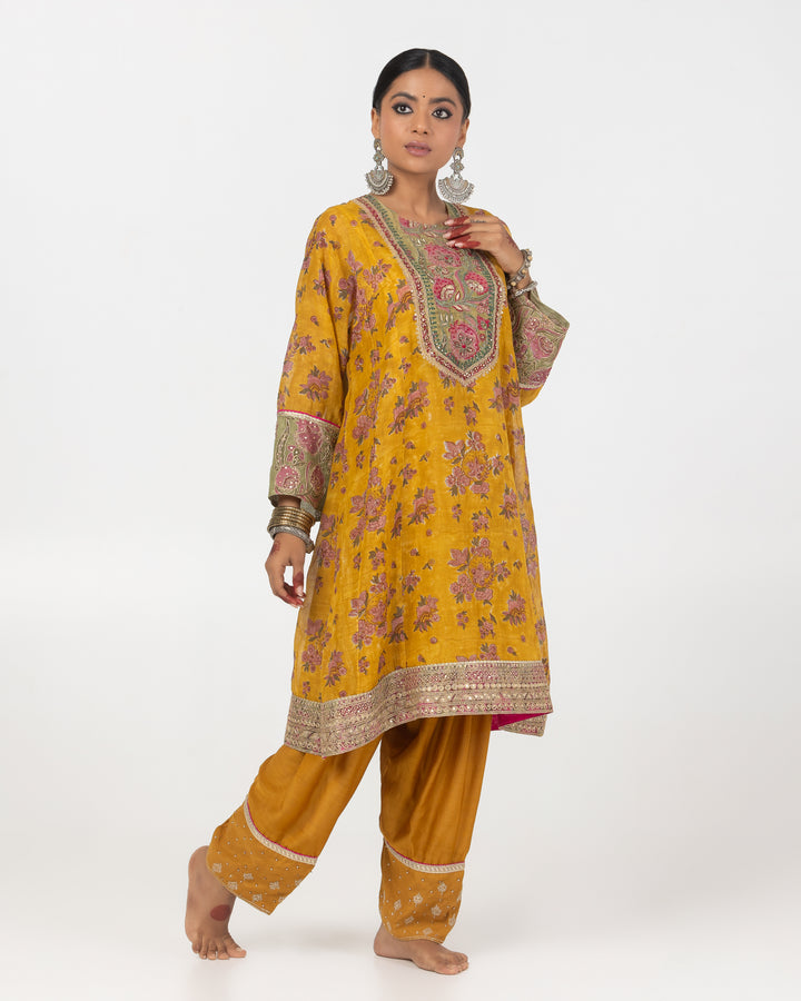 block printed mustard chanderi mull embroidered short kurta with modal silk salwar