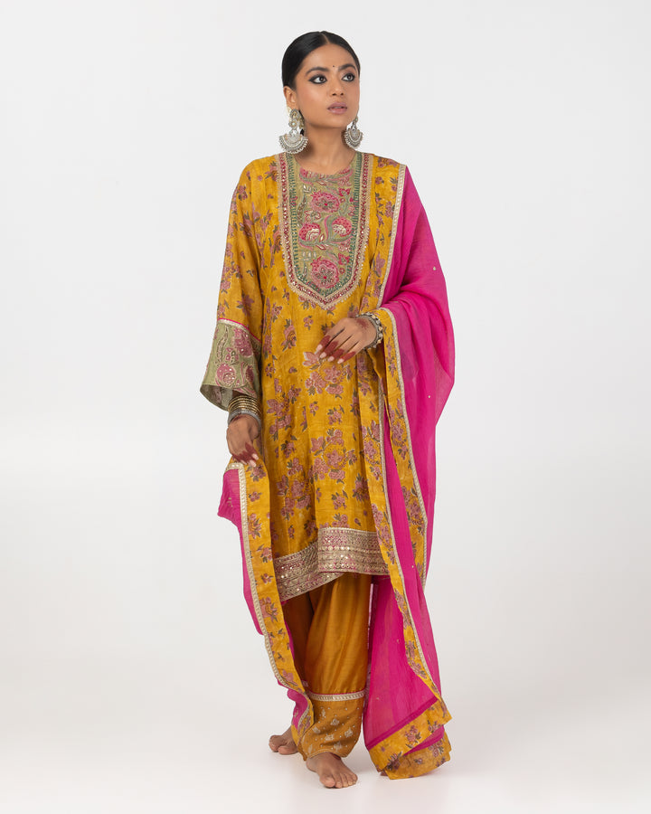 block printed mustard chanderi mull embroidered short kurta with modal silk salwar and chanderi mull dupatta