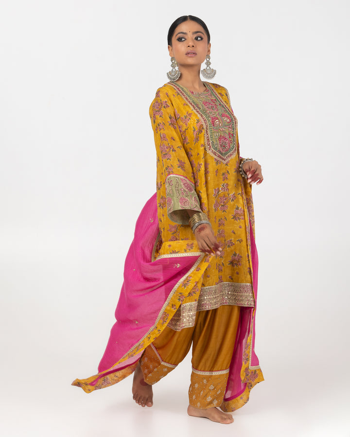 block printed mustard chanderi mull embroidered short kurta with modal silk salwar and chanderi mull dupatta