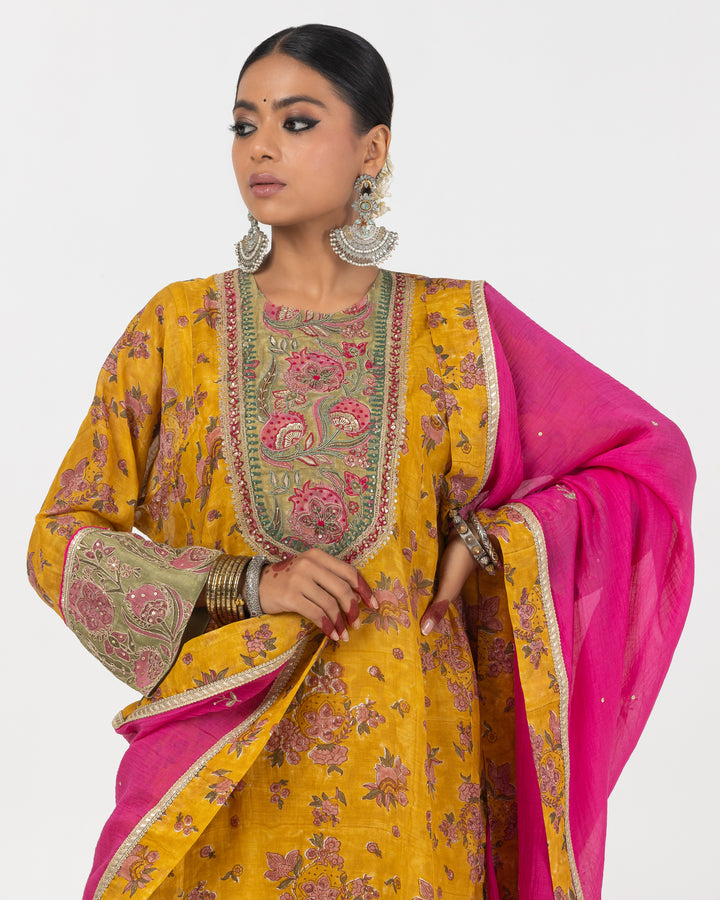 block printed mustard chanderi mull embroidered short kurta with modal silk salwar and chanderi mull dupatta
